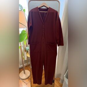 Women's Maroon Button-Front Utility Jumpsuit
